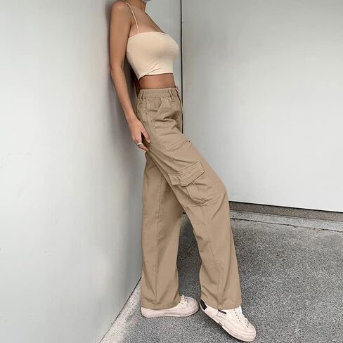 QYANGG High Waist Stretch Cargo Pants Women Baggy Multiple Pockets Relaxed Fit Straight Wide Leg Y2K Pants in Saudi Arabia