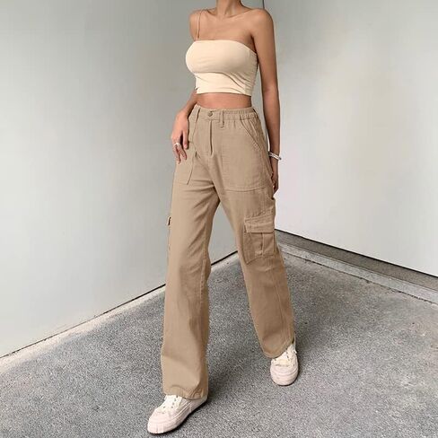 QYANGG High Waist Stretch Cargo Pants Women Baggy Multiple Pockets Relaxed Fit Straight Wide Leg Y2K Pants in Saudi Arabia