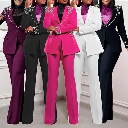 HuiSiFang Women 2 Piece Blazer Sets Elegant Pearl Dressy Pant Suits Business Casual Blazer Outfits Work Office in Saudi Arabia