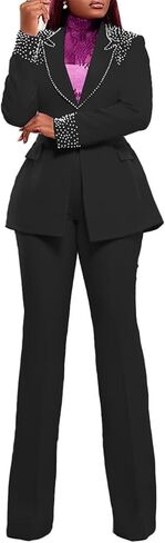 HuiSiFang Women 2 Piece Blazer Sets Elegant Pearl Dressy Pant Suits Business Casual Blazer Outfits Work Office in Saudi Arabia
