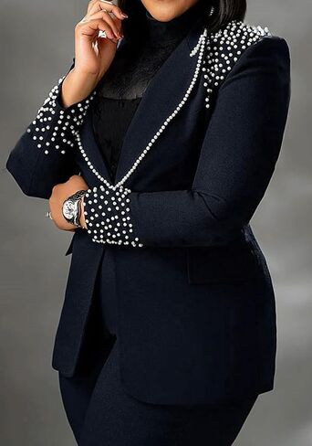 HuiSiFang Women 2 Piece Blazer Sets Elegant Pearl Dressy Pant Suits Business Casual Blazer Outfits Work Office in Saudi Arabia