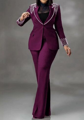 HuiSiFang Women 2 Piece Blazer Sets Elegant Pearl Dressy Pant Suits Business Casual Blazer Outfits Work Office in Saudi Arabia