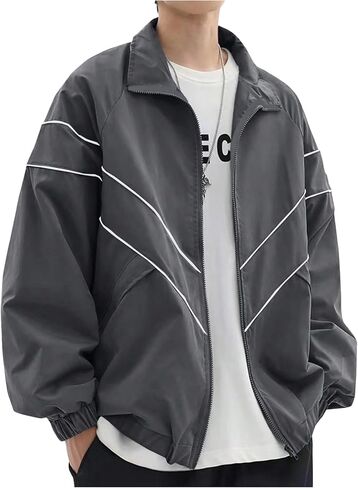 GORGLITTER Men's Hip Hop Jacket Contast Binding Zip Up Long Sleeve Windbreaker Coats in Saudi Arabia