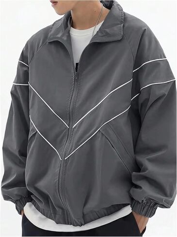 GORGLITTER Men's Hip Hop Jacket Contast Binding Zip Up Long Sleeve Windbreaker Coats in Saudi Arabia