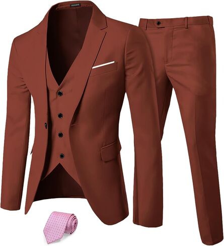 بدلة Hihawk للرجال بقصة ضيقة من 3 قطع، مجموعة سترة بزر واحد، سترة وسترة وسروال لحفلات الزفاف وحفلات العمل in Kuwait