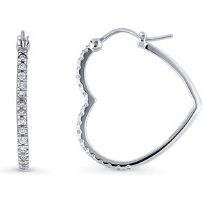 BERRICLE Sterling Silver Heart Cubic Zirconia CZ Medium Fashion Anniversary Hoop Earrings for Women, Rhodium Plated 1"