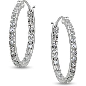 Sterling Silver 2mm Inside Out Cubic Zirconia Oval Hoop Earrings, Options Available