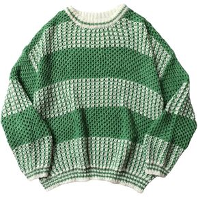GORGLITTER Women's Two Tone Striped Drop Shoulder Sweater Crewneck Bishop Sleeve Pullover