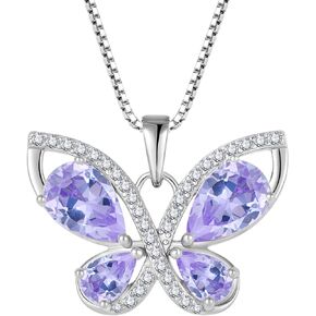 Women Butterfly Necklace 925 Sterling Silver Birthstone Pendant Created Gemstone Jewelry Gifts for Women