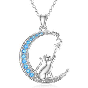 PROESS Valentine's Day Gifts Cat Necklace Sterling Silver Cat With Girl Necklace Crystal Cat Jewelry Cat Gift for Women Girls and Cat Lovers