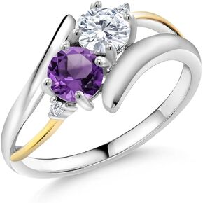 Gem Stone King 925 Silver and 10K Yellow Gold Purple Amethyst Lab Grown Diamond Ring Set with 1.00cttw Moissanite (1.00 Cttw)