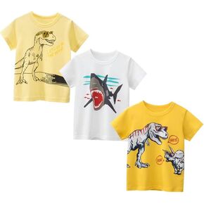 تي شيرت للأطفال الصغار بأكمام قصيرة 100% قطن كاجوال أبيض وأصفر ديناصورات قرش جرافيك بياقة مستديرة للأطفال صيفي 3 قطع in Kuwait
