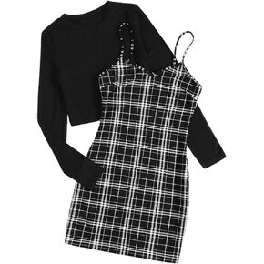 Floerns Women's Plus Size Plaid Cami Dress with Long Sleeve Tops Two Piece Outfit