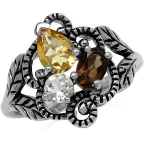 Silvershake Natural Citrine Smoky Quartz and White Topaz 925 Sterling Silver Vintage Style Leaf Ring
