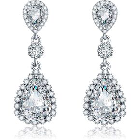 Teardrop Dangle Earrings for Wedding - Sparkly Sterling Silver Cubic Zirconia Crystal Rhinestone Drop Earrings Pierced Austrian Style Hypoallergenic Earrings Womens Bridal Jewelry
