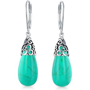 Boho Western Style Green Blue Black Purple Gemstone Long Elongated Teardrop Filigree Lever Back Dangle Earrings For Women .925 Sterling Silver More Birthstones