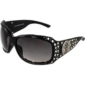 Mercy Padded Motorcycle Cross Sunglasses for Women Black Frame w/Bling Rhinestones & Smoke Gradient Lens