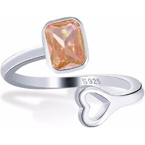 Qings Square Birthstone Adjustable Ring 925 Sterling Silver Hollow Love Heart Cubic Zirconia 12 Months Birthstone Open Rings Birthday Gifts for Women Girls