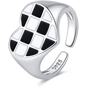 Plaid Love Heart Open Stacking Ring Black and White Checkered Enamel Heart Adjustable Chunky Bands Wedding Valentine's Day Promise Eternity Finger Rings for Women Girls Girlfriend Brides Fashion