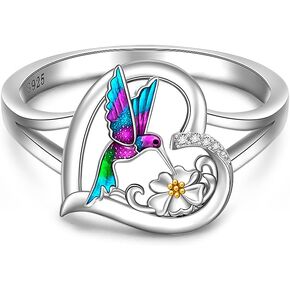 Hummingbird Ring Bird Hummingbird Rings for Women Sterling Silver Hummingbird Gift Purple Flower Ring Heart Enamel Healing Blue Bird Jewelry Spiritual Animal Memorial Mothers Halloween Christmas Day
