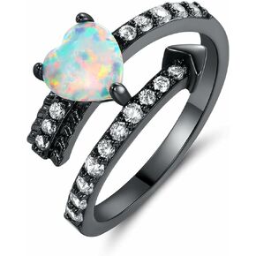 Gemsme 18K Black Gold Plated Heart White Fire Opal Promise Band Ring for Women Size 5/6/7/8/9/10