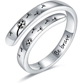 925-Sterling-Silver Adjustable Dandelion Rings for Women - Engraved Be Brave and Dancing Dandelion,White Gold Plated,Encouragement Christmas Jewelry Gifts for Girls (Be brave)