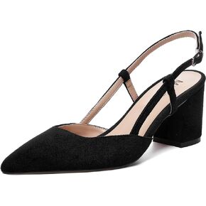 MODENCOCO Womens Pointed Toe Party Fashion Slingback Buckle Elegant Suede Chunky Mid Heel Pumps Dress Shoes 2.5 Inch