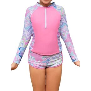 WDIRARA Girl's 2 Piece Swimsuit Wave Striped Print Half Zipper Swimwear Bathing Suits