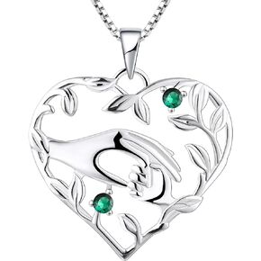 YL Mom Necklace 925 Sterling Silver Mother Hold Child's Hand Pendant Filigree Leaf Jewelry Gifts for Mum