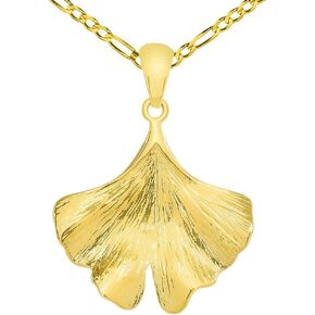 Jewelry America Solid 14k Yellow Gold Japanese Ginkgo Biloba Leaf Pendant Necklace Available with Cable, Curb, or Figaro Chain in Saudi Arabia