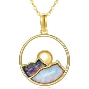 MUUYON 14K Gold Mountain Necklace for Women, Real Yellow Gold Black and Fire Opal Pendant Necklace, Birthstone Sunrise Necklace for Girls Ladies Mom Sisters Mothers Day Graduation, 16"+1"+1"