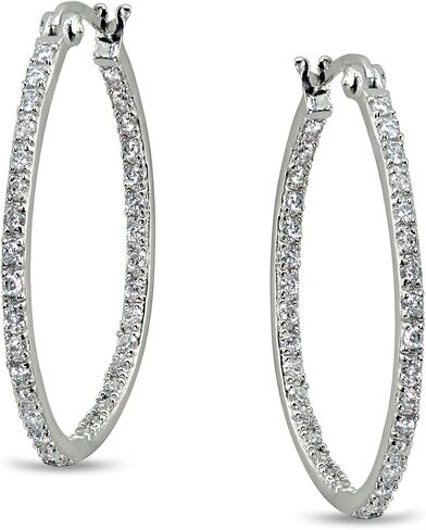 Sterling Silver 2mm Inside Out Cubic Zirconia Oval Hoop Earrings, Options Available in Kuwait