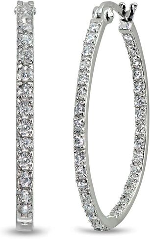 Sterling Silver 2mm Inside Out Cubic Zirconia Oval Hoop Earrings, Options Available in Kuwait