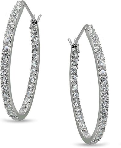 Sterling Silver 2mm Inside Out Cubic Zirconia Oval Hoop Earrings, Options Available in Saudi Arabia