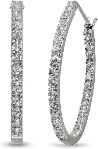Sterling Silver 2mm Inside Out Cubic Zirconia Oval Hoop Earrings, Options Available in Saudi Arabia
