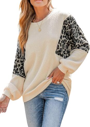 CUPSHE Women Blouses Leopard Print Waffle Knit Pullover Long Sleeves Crew Neck Tops in Saudi Arabia
