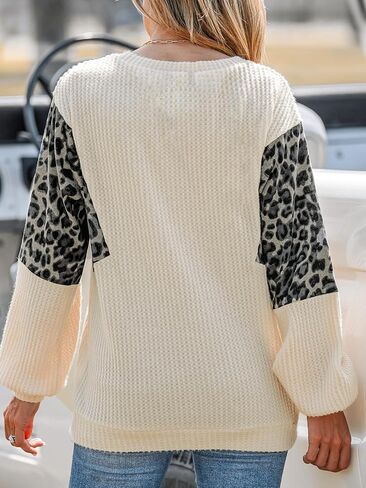 CUPSHE Women Blouses Leopard Print Waffle Knit Pullover Long Sleeves Crew Neck Tops in Saudi Arabia