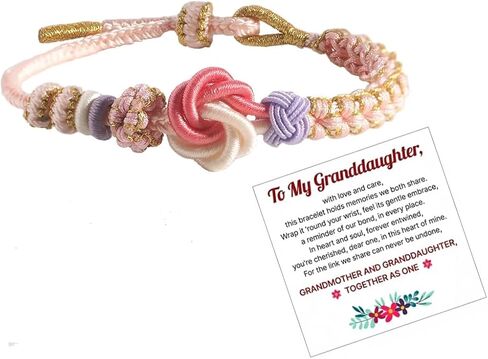 Granddaughter Bracelet for Women, Cute Pink Peach Blossom Knot Bracelet from Grandma Trendy Handmade Braided Charms Bracelets Holiday Jewelry Gifts in Kuwait