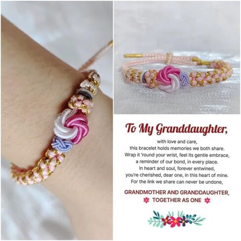Granddaughter Bracelet for Women, Cute Pink Peach Blossom Knot Bracelet from Grandma Trendy Handmade Braided Charms Bracelets Holiday Jewelry Gifts in Kuwait