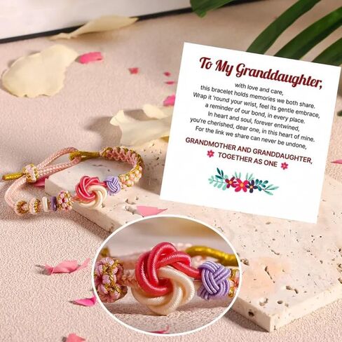 Granddaughter Bracelet for Women, Cute Pink Peach Blossom Knot Bracelet from Grandma Trendy Handmade Braided Charms Bracelets Holiday Jewelry Gifts in Kuwait