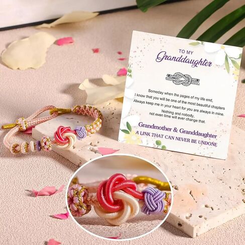 Granddaughter Bracelet for Women, Cute Pink Peach Blossom Knot Bracelet from Grandma Trendy Handmade Braided Charms Bracelets Holiday Jewelry Gifts in Kuwait
