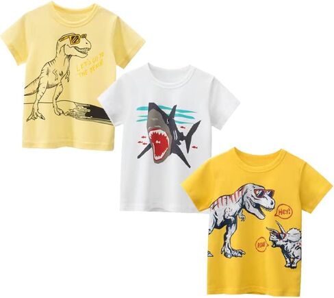 تي شيرت للأطفال الصغار بأكمام قصيرة 100% قطن كاجوال أبيض وأصفر ديناصورات قرش جرافيك بياقة مستديرة للأطفال صيفي 3 قطع in Kuwait