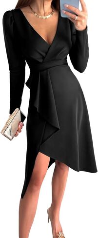 فستان قصير نسائي من LYANER برقبة على شكل حرف V وأكمام طويلة وسحاب خلفي وحاشية مكشكشة لحفلات الكوكتيل in Saudi Arabia