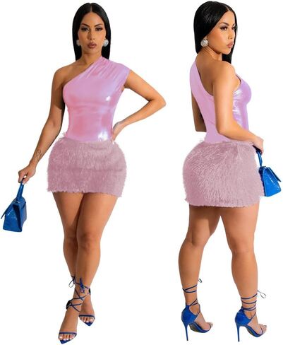 ANKOMINA Women Shiny One Shoulder Tank Tops Bodysuit Furry Mini Skirt Two Pieces Outfits Dresses Bodycon for Party Club in Kuwait