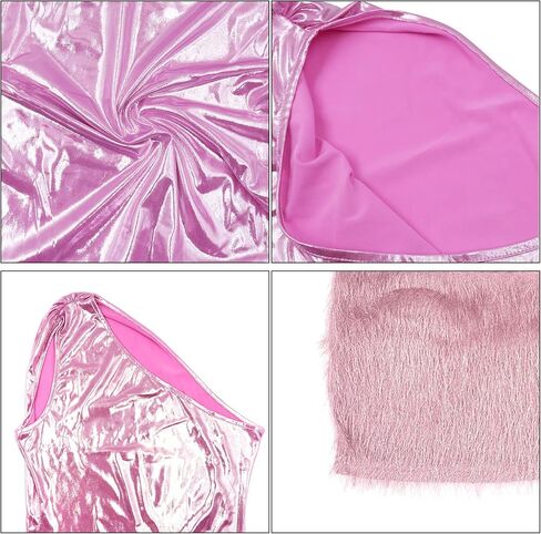 ANKOMINA Women Shiny One Shoulder Tank Tops Bodysuit Furry Mini Skirt Two Pieces Outfits Dresses Bodycon for Party Club in Kuwait