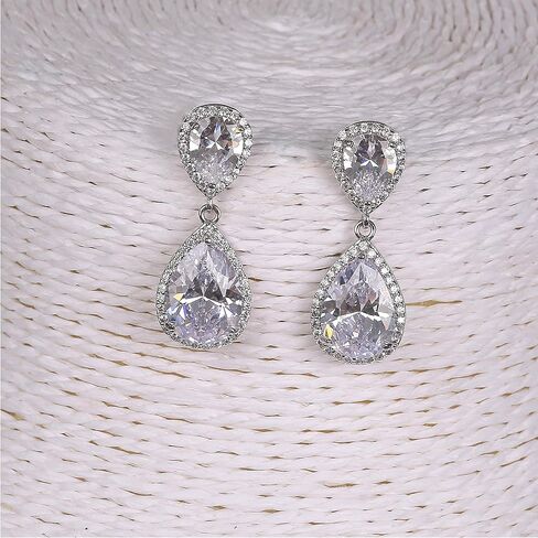 Teardrop Dangle Earrings for Wedding - Sparkly Sterling Silver Cubic Zirconia Crystal Rhinestone Drop Earrings Pierced Austrian Style Hypoallergenic Earrings Womens Bridal Jewelry in Saudi Arabia