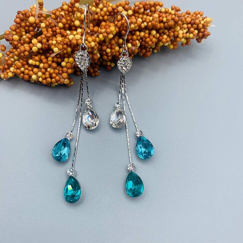 Crystal Earrings for Women - Long Chandelier Dangle Crystal Drops - Luxury Earrings with Crystals - Evening Wear/Party/Date Night Showstopper Jewelry - Blush, Champagne, Teal, Blue in Saudi Arabia