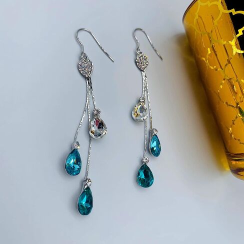 Crystal Earrings for Women - Long Chandelier Dangle Crystal Drops - Luxury Earrings with Crystals - Evening Wear/Party/Date Night Showstopper Jewelry - Blush, Champagne, Teal, Blue in Saudi Arabia