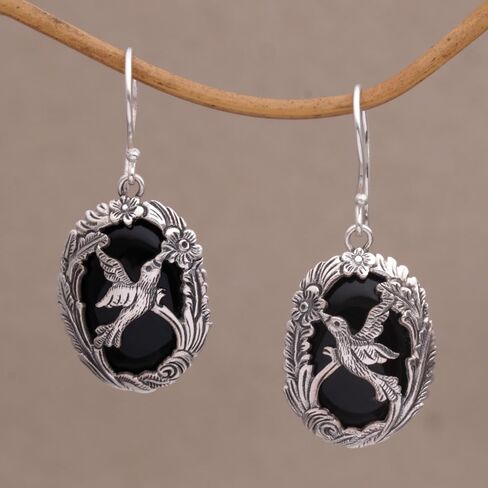 NOVICA Onyx .925 Sterling Silver Dangle Earrings 'Nature's Freedom' in Saudi Arabia