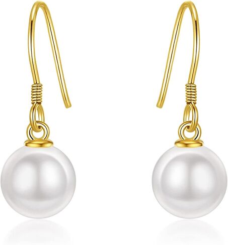 14k Gold Pearl Drop Earrings for Women, 8mm Handpicked Freshwater Pearls Dangling Drop Earrings Jewelry Anniversary Present for Her,Wife, Mom, Girlfriend in Saudi Arabia